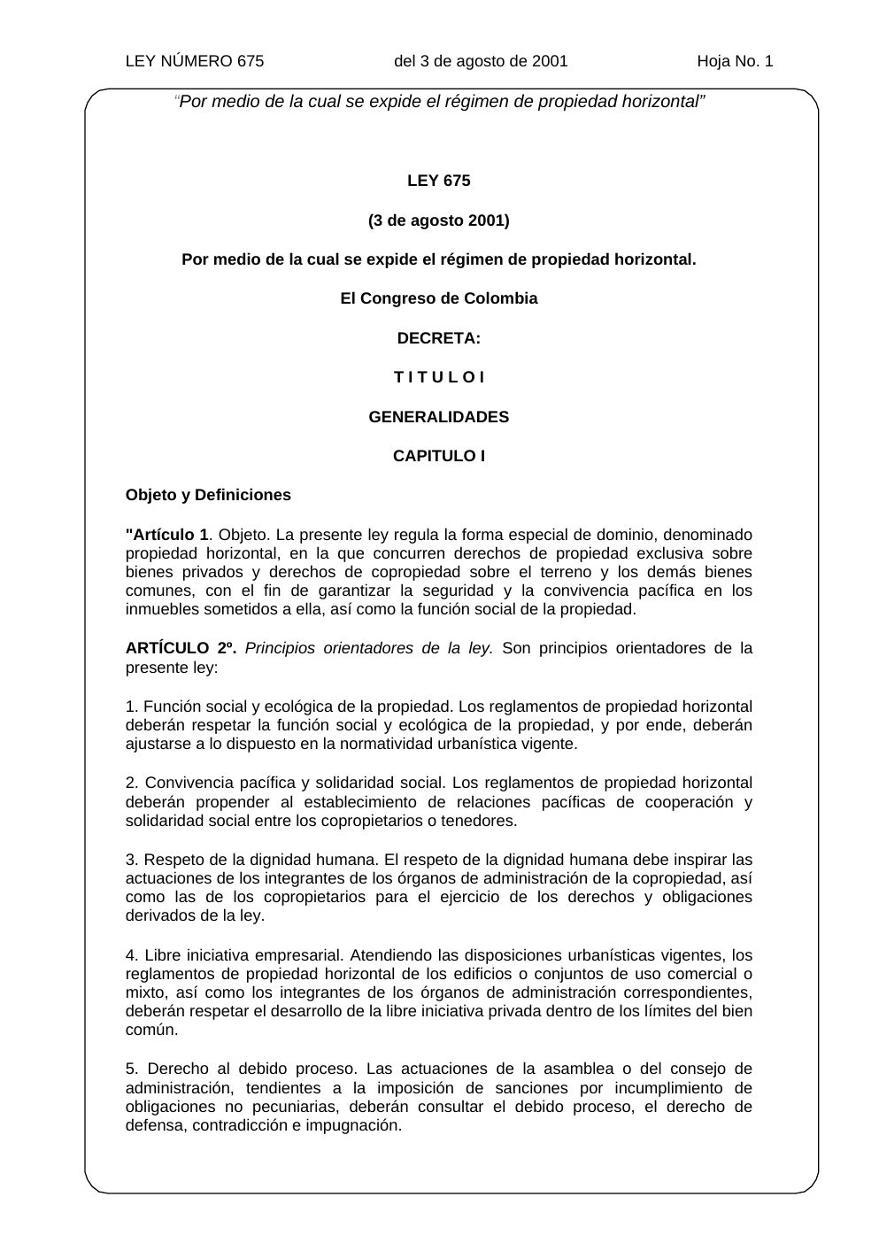 Ley 675 de 2001, hoja oficial 1 de 31