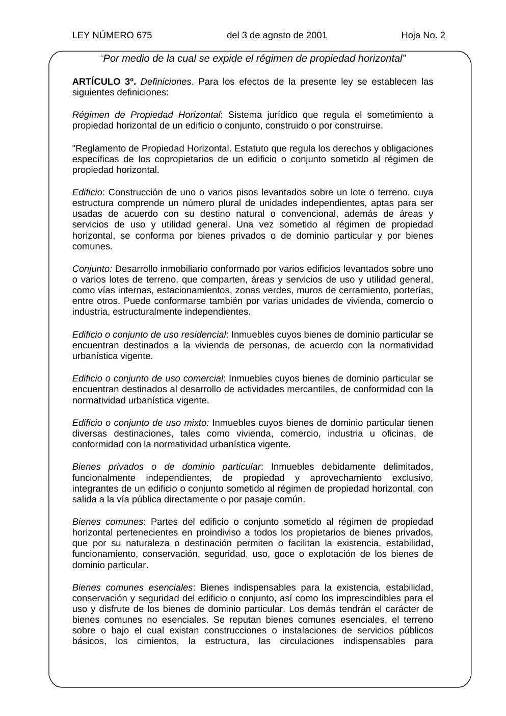 Ley 675 de 2001, hoja oficial 2 de 31