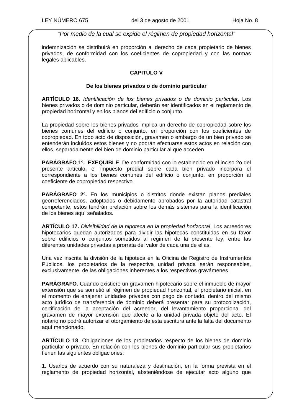 Ley 675 de 2001, hoja oficial 8 de 31