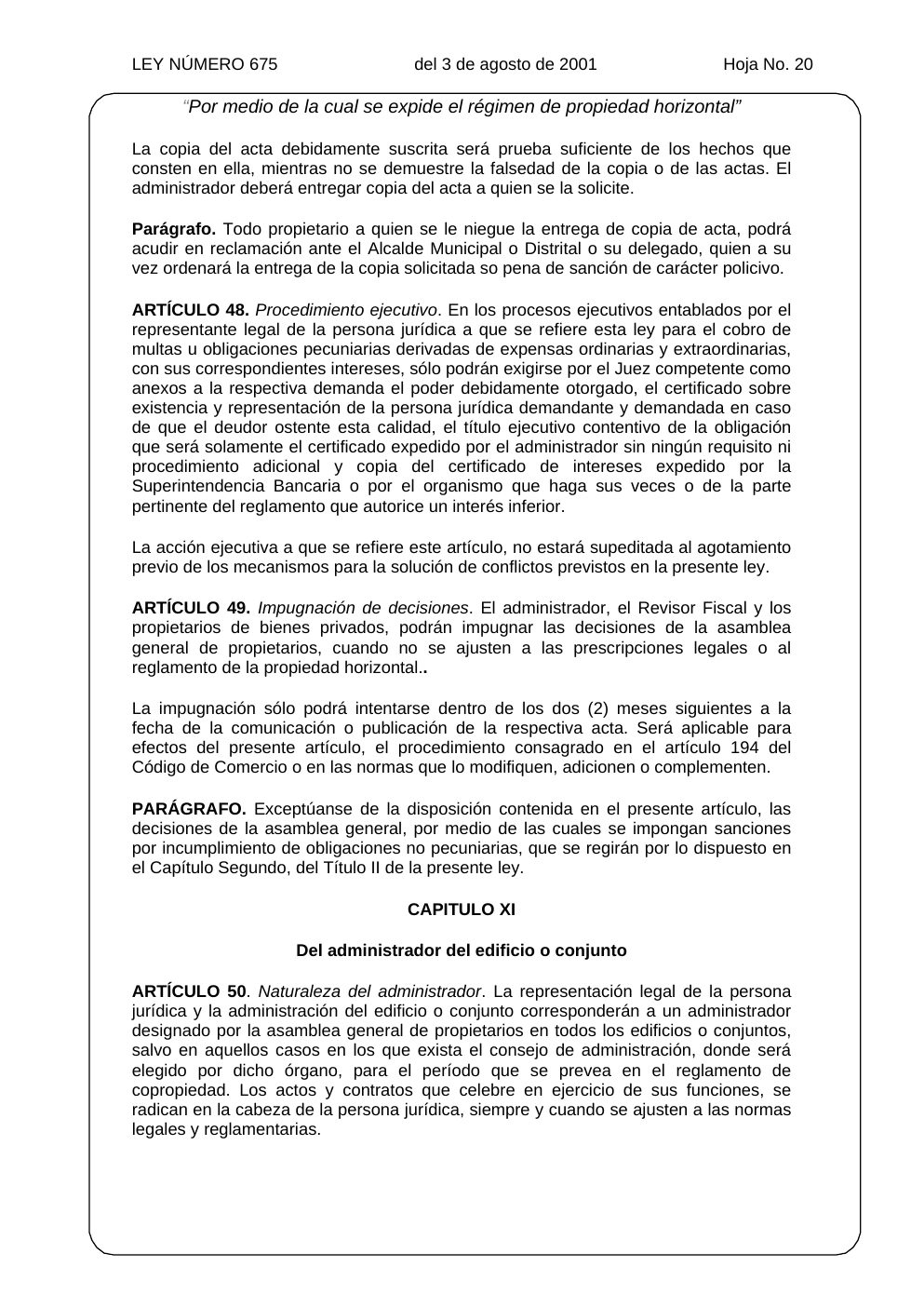 Ley 675 de 2001, hoja oficial 20 de 31