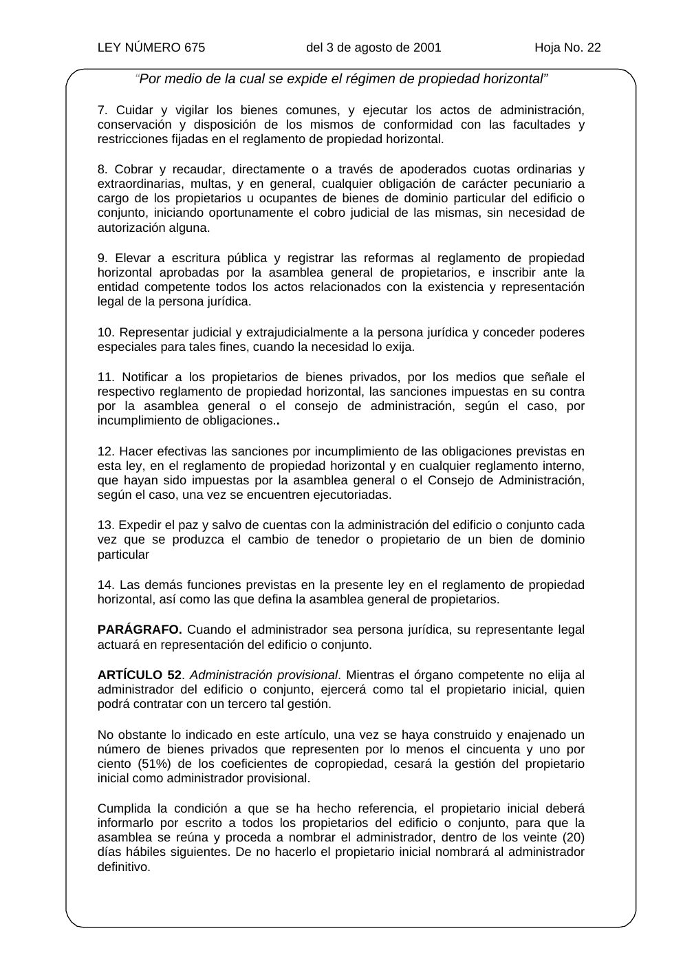 Ley 675 de 2001, hoja oficial 22 de 31