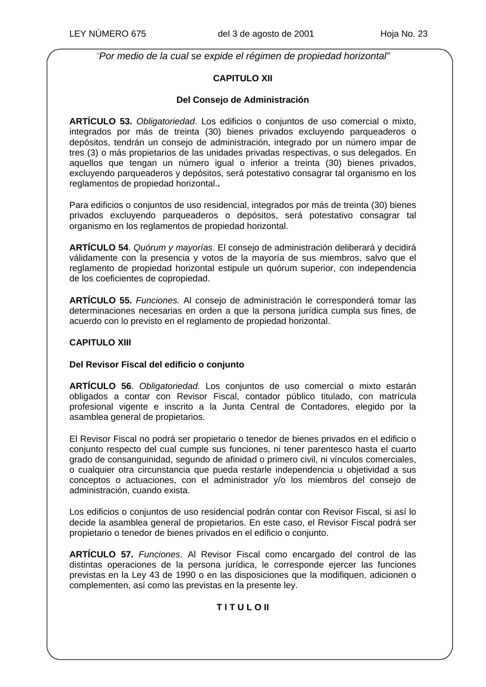 Ley 675 de 2001, hoja oficial 23 de 31