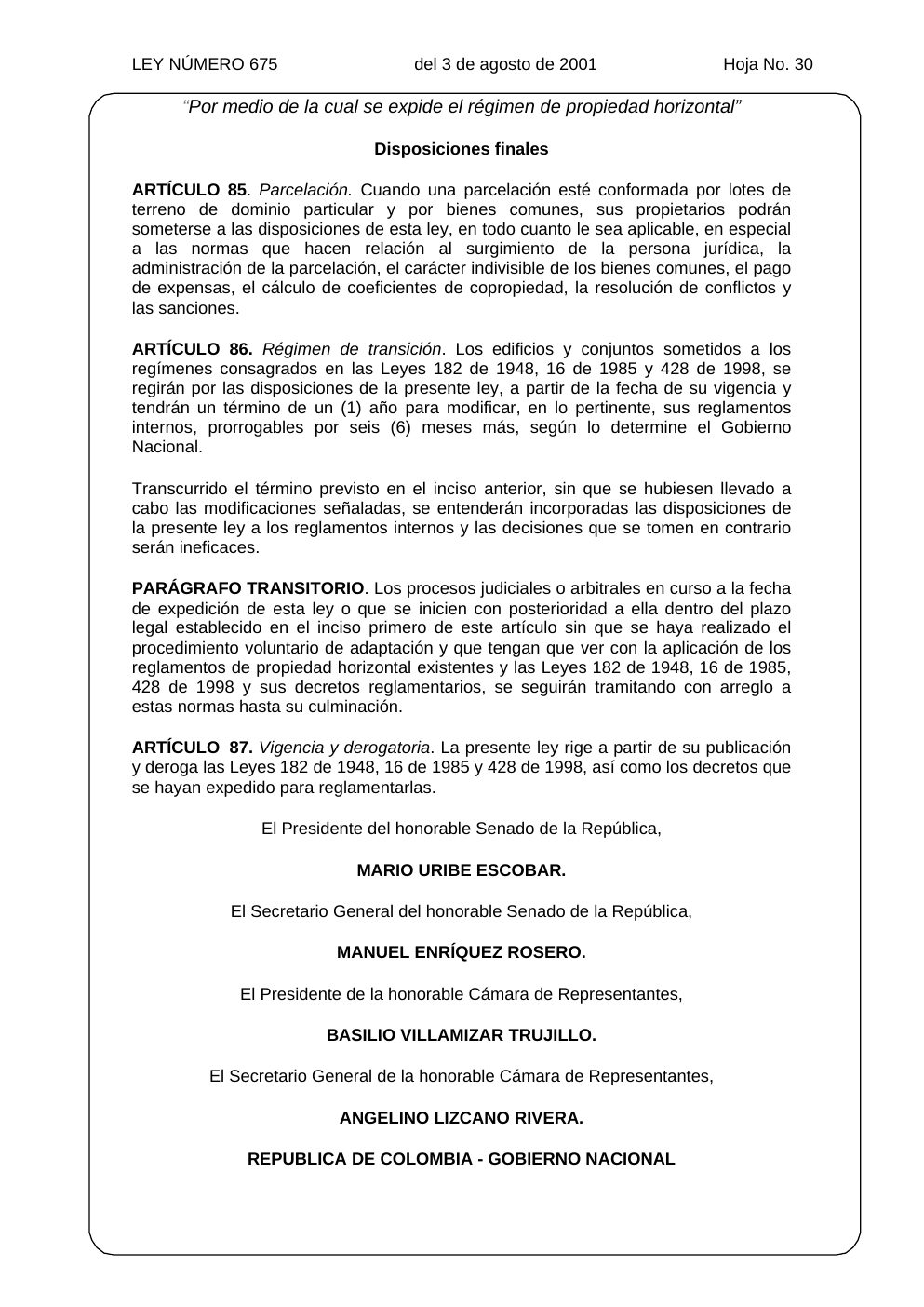 Ley 675 de 2001, hoja oficial 30 de 31